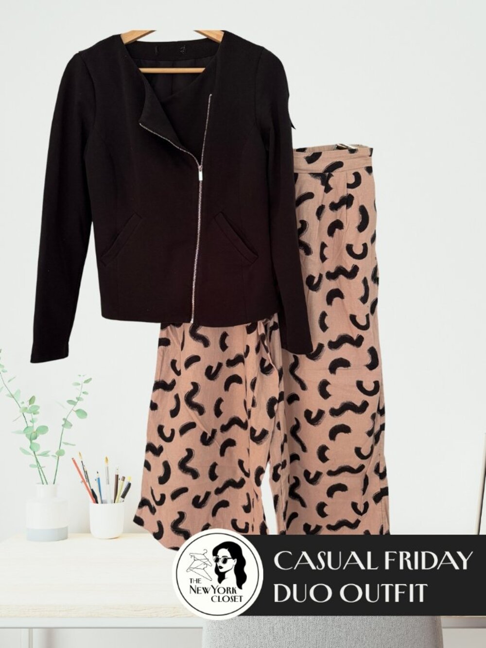 A NEW DAY | Black Moto Zip Jacket & Wide Leg Linen Pant Set | Medium